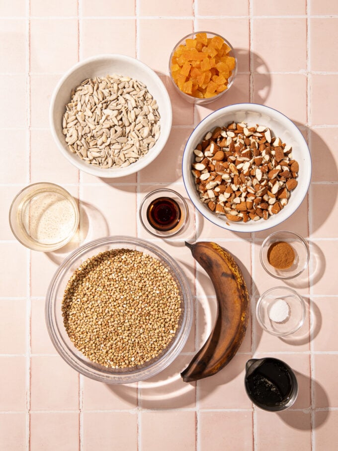 buckwheat, almonds and sunflower seeds in bowls